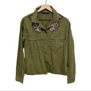 Zara army green beaded button down long sleeve Shirt Size S